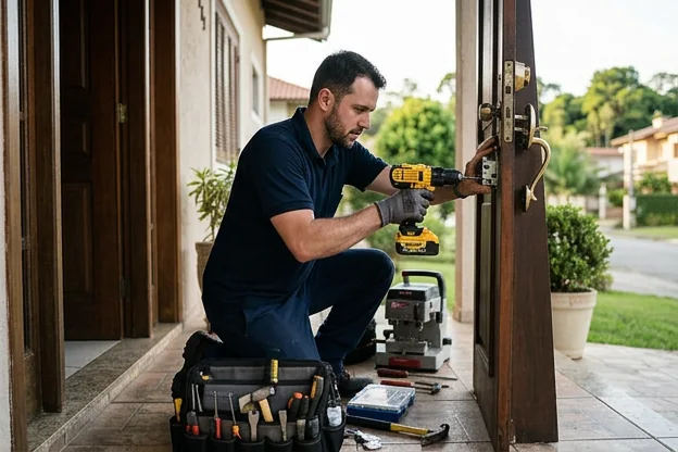 Profissional instalando fechaduras em uma casa para melhorar a segurança.